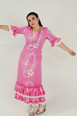 pink vintage Hawaiian print dress with ruffles front