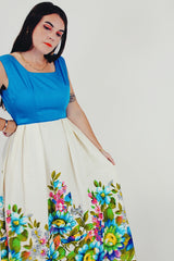 vintage sleeveless long dress with floral skirt