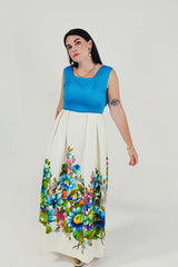 vintage sleeveless long dress with floral skirt