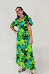 Green blue vintage floral long dress front