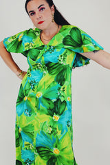 Green blue vintage floral long dress closeup