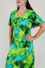 Green blue vintage floral long dress closeup