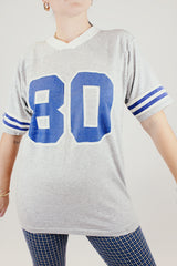 short sleeve grey vintage sports tee with v neck and 80 number graphic on front