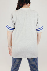 short sleeve grey vintage sports tee with v neck and 80 number graphic on front