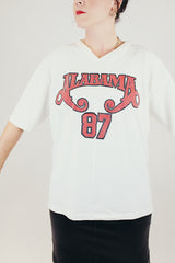 white with red text vintage 1987 alabama band tee graphic on front and back