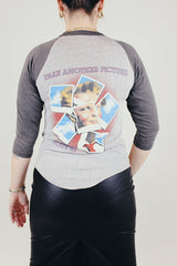 grey 3/4 length baseball tee vintage 1983 quarterflash graphic on front and back