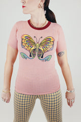 short sleeve pink heathered vintage 1970's tee with butterfly graphic tee