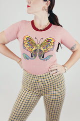 short sleeve pink heathered vintage 1970's tee with butterfly graphic tee