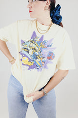 short sleeve white 1985 cosmic tour vintage tee with graphic on the front