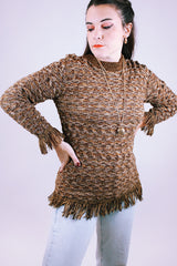long sleeve women's vintage brown acrylic sweater with fringed cuffs and hem