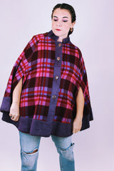 purple and pink plaid vintage women's poncho with mandarin collar, buttons, and armholes made of wool blend