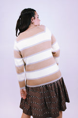 1980's women's wool striped pullover sweater long sleeve brown and cream