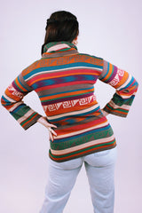 women's vintage long sleeve cowl neck sweater with multi colored stripes and print