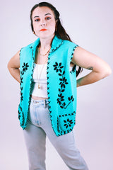 women's vintage blue acrylic sleeveless vest with black flower embroidery and collar