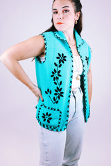 women's vintage blue acrylic sleeveless vest with black flower embroidery and collar