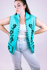 women's vintage blue acrylic sleeveless vest with black flower embroidery and collar