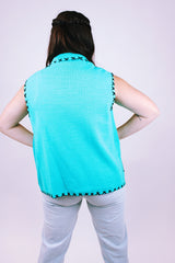 women's vintage blue acrylic sleeveless vest with black flower embroidery and collar