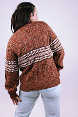 vintage 1970's heathered crewneck in brown with printed striped across the middle front