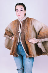 brown wool poncho with mandarin collar and two button closure