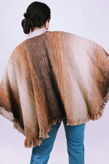 brown wool poncho with mandarin collar and two button closure