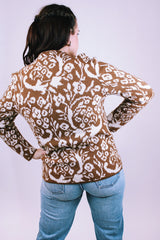 1950's vintage women's jacquard printed brown and white button up cardigan long sleeve