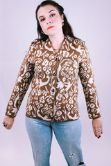 1950's vintage women's jacquard printed brown and white button up cardigan long sleeve