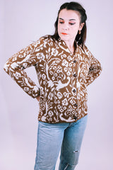 1950's vintage women's jacquard printed brown and white button up cardigan long sleeve