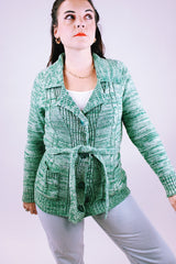 long sleeve button up cardigan with tie in a heathered green women's vintage