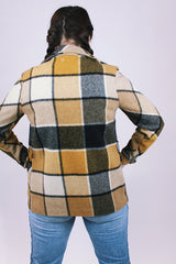 women's vintage long sleeve wool shacket in black brown and yellow plaid buttons up the front