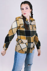 women's vintage long sleeve wool shacket in black brown and yellow plaid buttons up the front