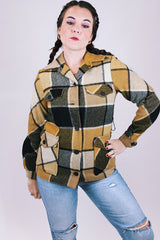 women's vintage long sleeve wool shacket in black brown and yellow plaid buttons up the front