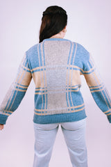 1970's women's long sleeve vintage crewneck pullover sweater in blue yellow and grey print