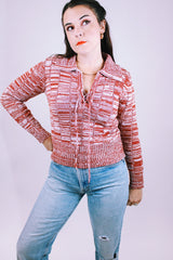 women's vintage 1970's long sleeve heathered knit pullover sweater with tie front neck and collar