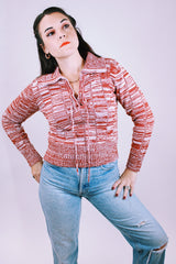 women's vintage 1970's long sleeve heathered knit pullover sweater with tie front neck and collar