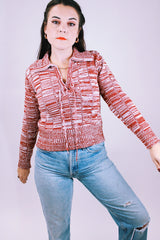 women's vintage 1970's long sleeve heathered knit pullover sweater with tie front neck and collar