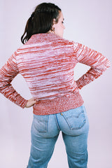 women's vintage 1970's long sleeve heathered knit pullover sweater with tie front neck and collar