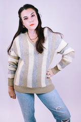 vintage jantzen pullover v-neck wool sweater in cream, beige, and grey vertical stripes