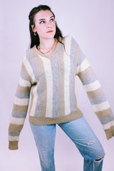 vintage jantzen pullover v-neck wool sweater in cream, beige, and grey vertical stripes