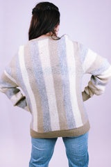 vintage jantzen pullover v-neck wool sweater in cream, beige, and grey vertical stripes