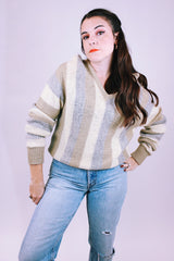 vintage jantzen pullover v-neck wool sweater in cream, beige, and grey vertical stripes