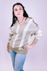 vintage jantzen pullover v-neck wool sweater in cream, beige, and grey vertical stripes