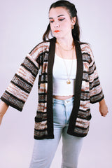 3/4 arm length open cardigan women's vintage in striped print