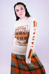 vintage long sleeve acrylic cream pullover crewneck sweater with southwestern print