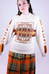 vintage long sleeve acrylic cream pullover crewneck sweater with southwestern print