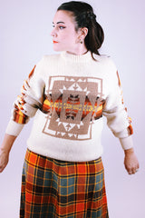 vintage long sleeve acrylic cream pullover crewneck sweater with southwestern print