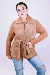 women's vintage 1970's suede and knit zip up jacket sweater with tie front