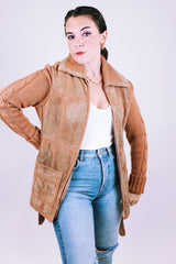 women's vintage 1970's suede and knit zip up jacket sweater with tie front