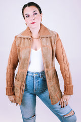 women's vintage 1970's suede and knit zip up jacket sweater with tie front