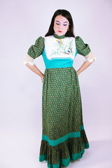 1970's vintage prairie dress in green ditsy floral print, crochet sleeves mock neck embroidered butterflies on chest