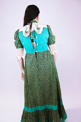 1970's vintage prairie dress in green ditsy floral print, crochet sleeves mock neck embroidered butterflies on chest